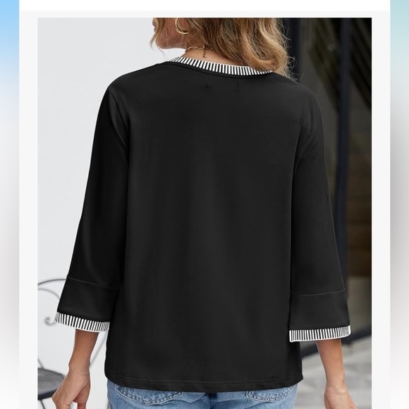 NWT 3/4 Sleeve Tops Dressy Casual Crew Neck Color Block Loose Trendy Blouses - Picture 4 of 8
